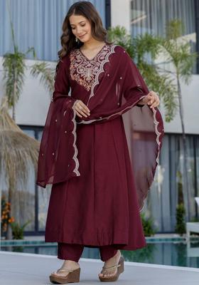 Maroon Embroidered Chinon Kurta Set