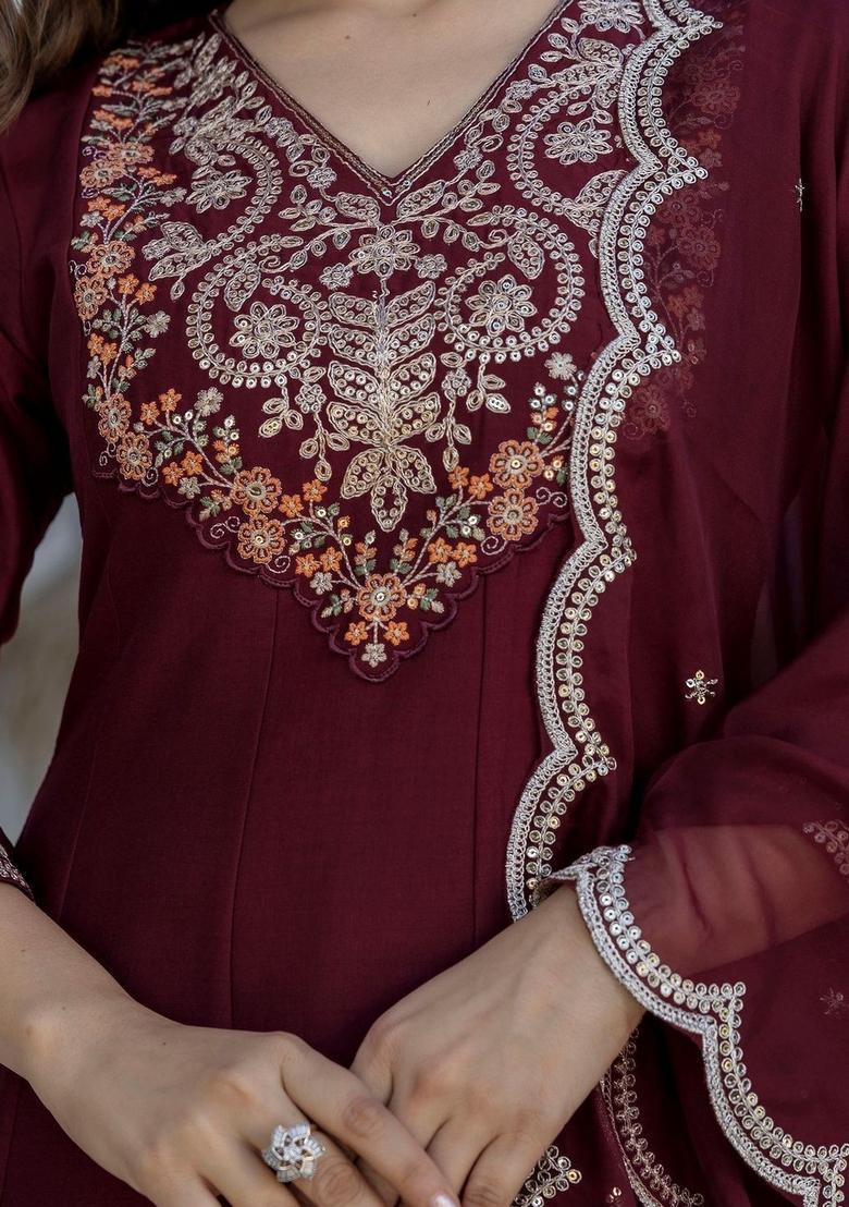 Maroon Embroidered Chinon Kurta Set - Indya