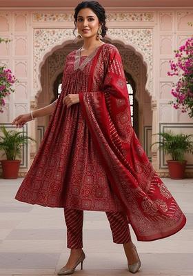 Red Printed Silk Kurta Set