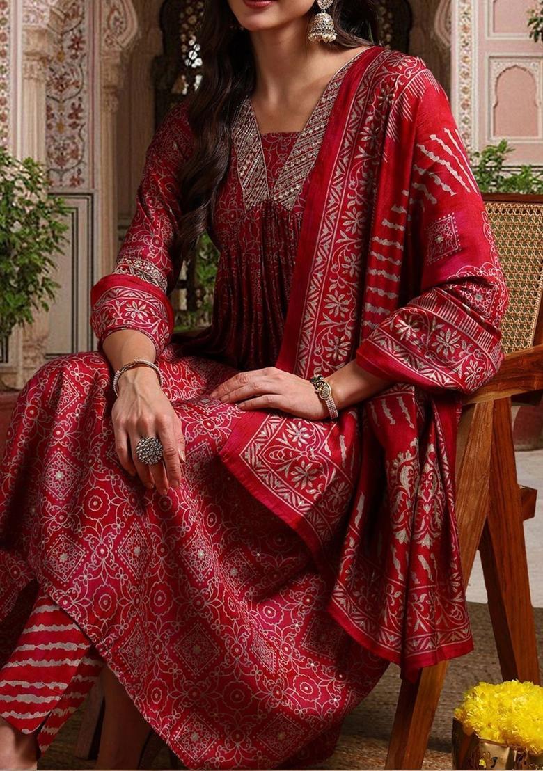 Red Printed Silk Kurta Set - Indya