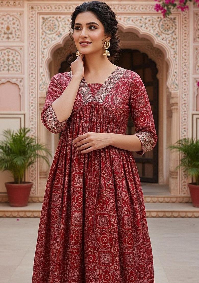 Red Printed Silk Kurta Set - Indya
