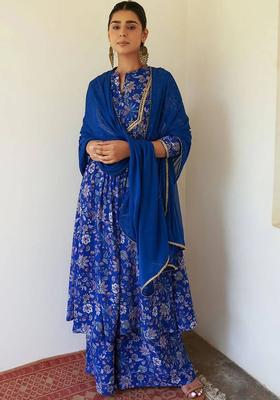 Blue Printed Wool Blend Kurta Set