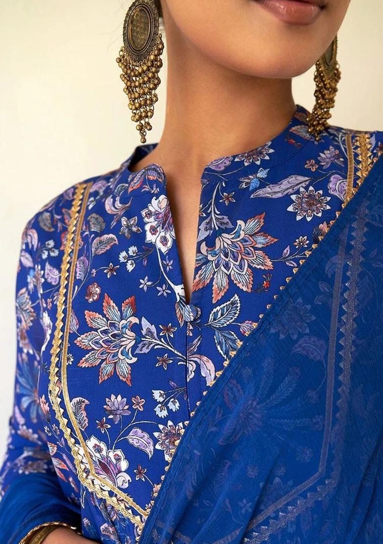 Blue Printed Wool Blend Kurta Set - Indya
