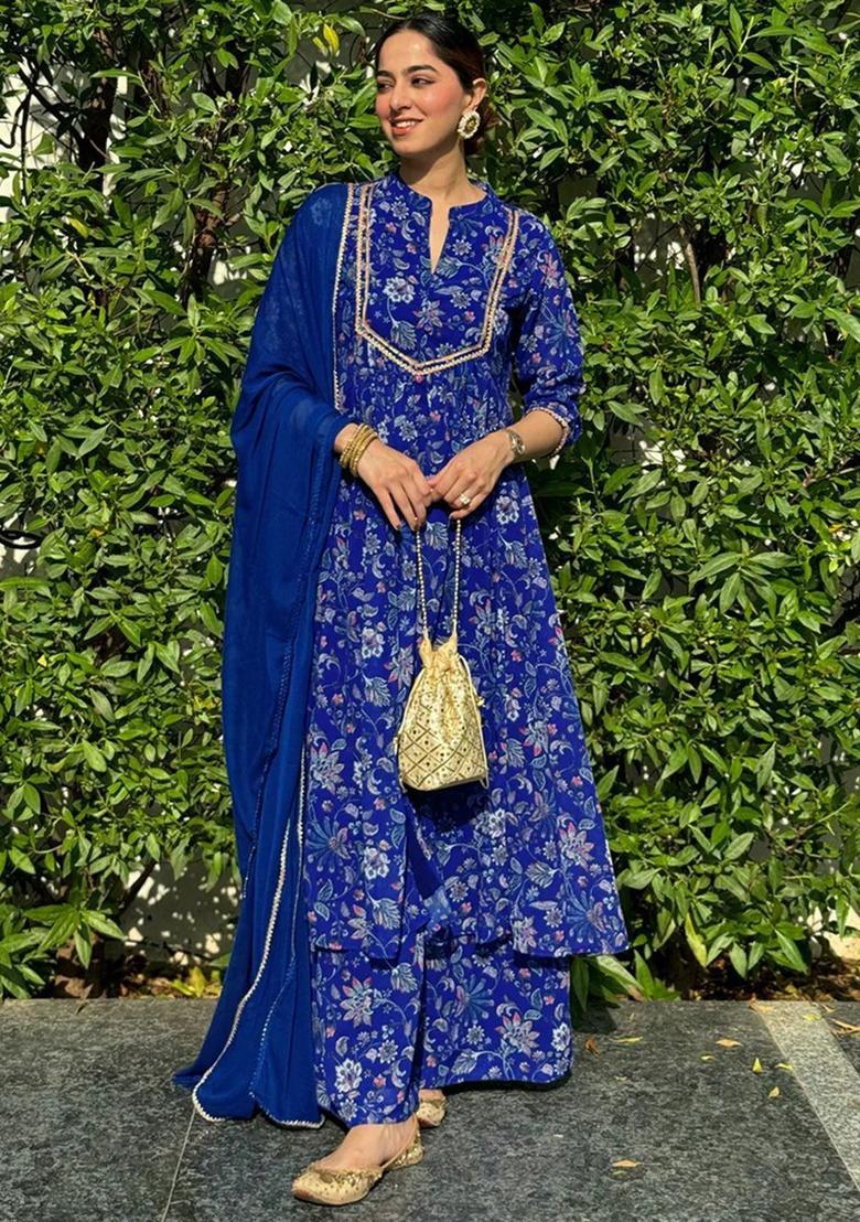 Blue Printed Wool Blend Kurta Set - Indya