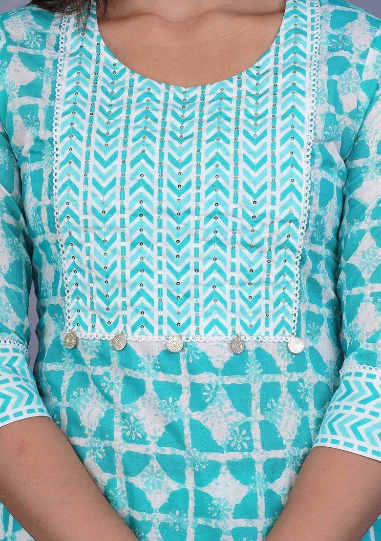 Blue Printed Cotton Kurta Set - Indya