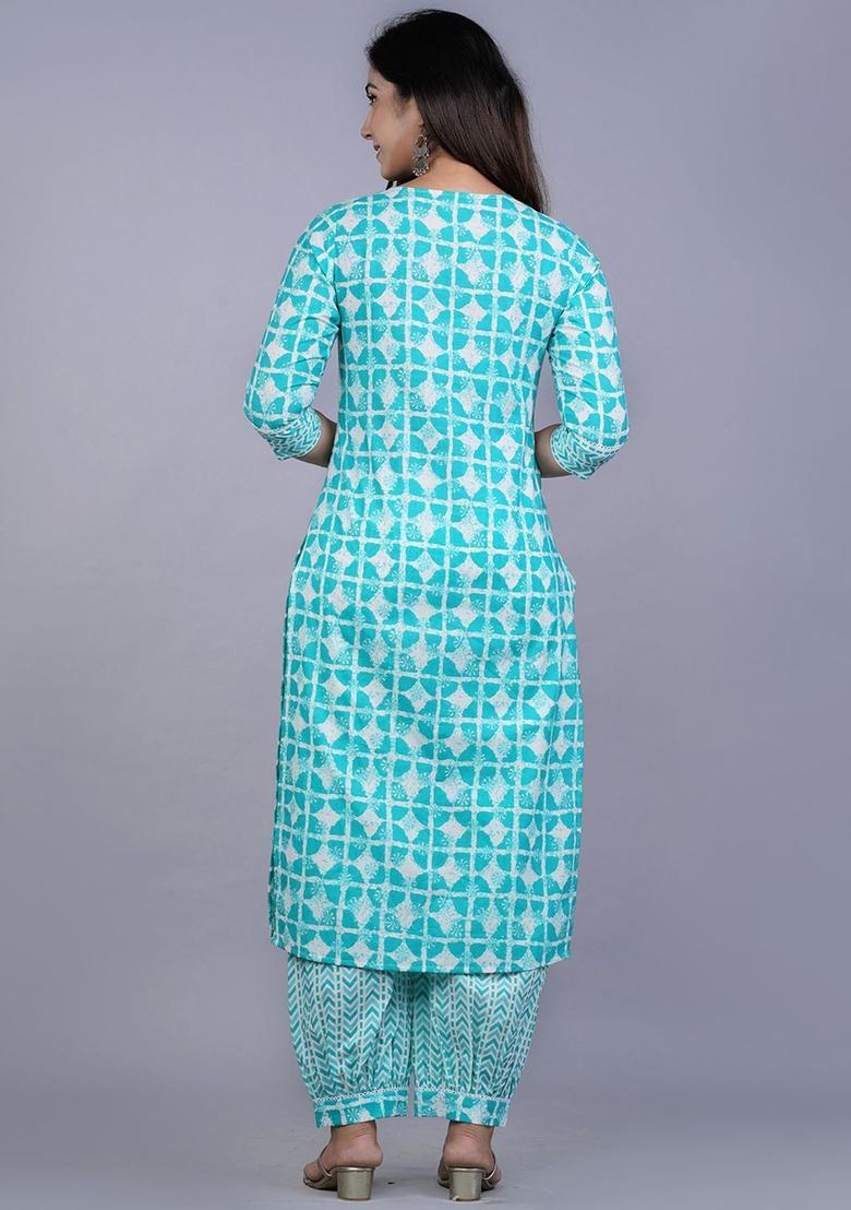 Blue Printed Cotton Kurta Set - Indya