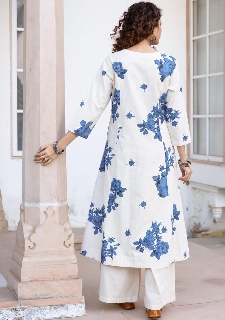 White Printed Cotton Kurta Set - Indya