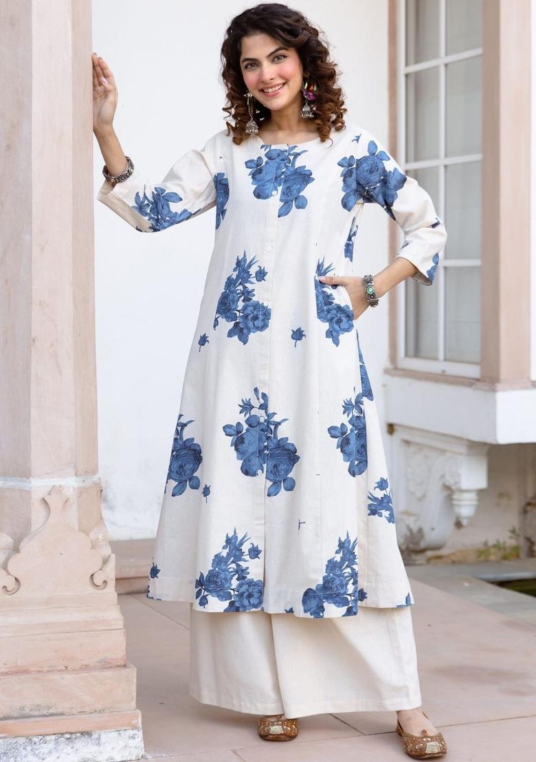 White Printed Cotton Kurta Set - Indya