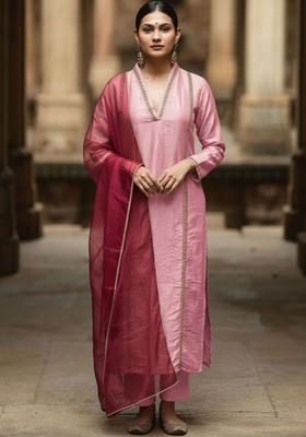 Pink Solid Viscose Kurta Set
