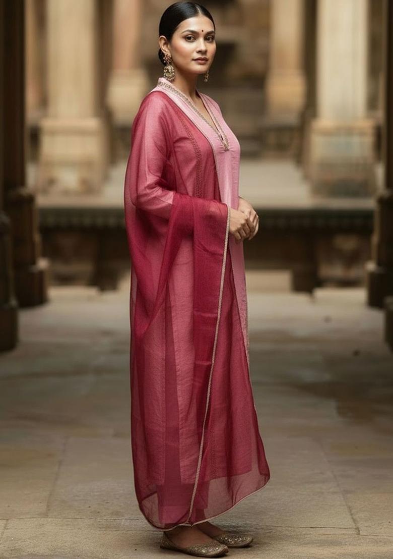 Pink Solid Viscose Kurta Set - Indya