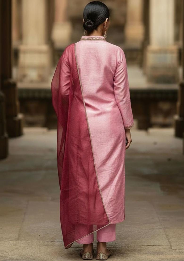 Pink Solid Viscose Kurta Set - Indya