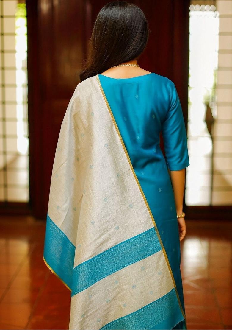 Blue Woven Design Silk Kurta Set - Indya