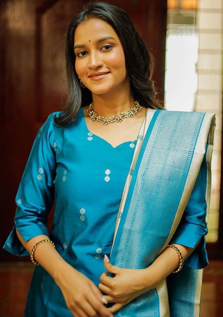 Blue Woven Design Silk Kurta Set - Indya