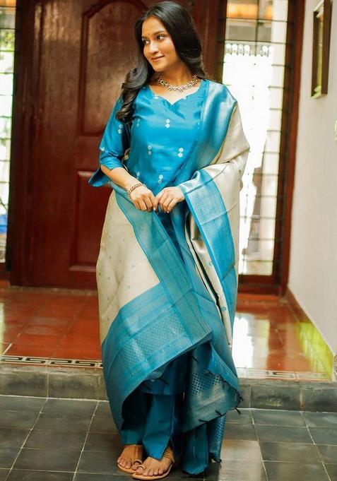 Blue Woven Design Silk Kurta Set — view on Indya
