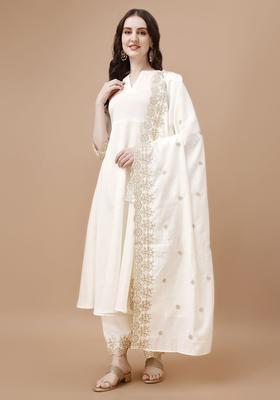 White Solid Silk Blend Kurta Set