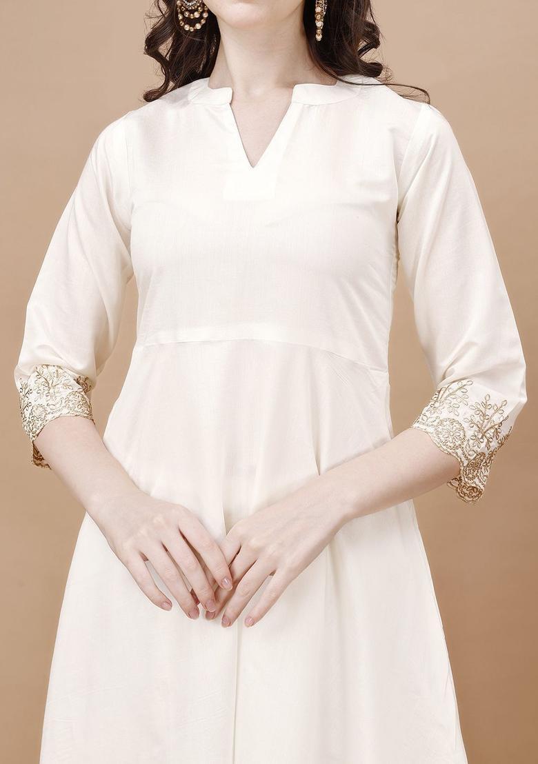 White Solid Silk Kurta Set - Indya