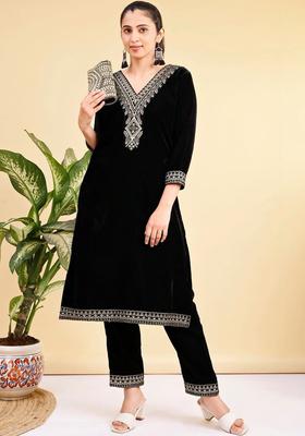 Black Embroidered Velvet Kurta Set
