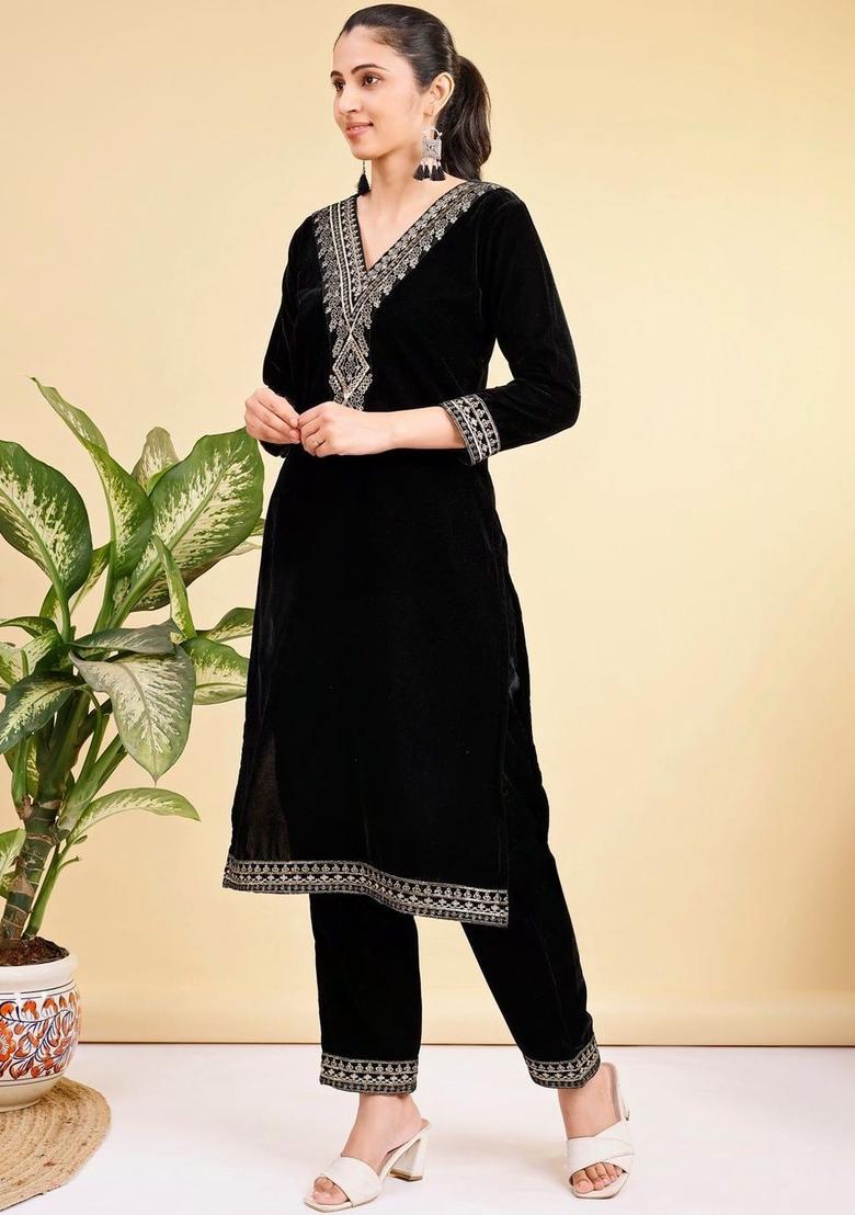 Black Embroidered Velvet Kurta Set - Indya