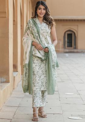 Green Printed Cotton Kurta Set