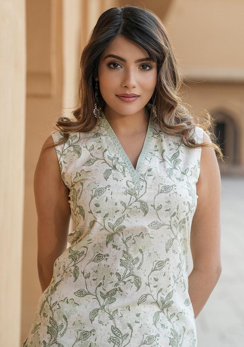 Green Printed Cotton Kurta Set - Indya