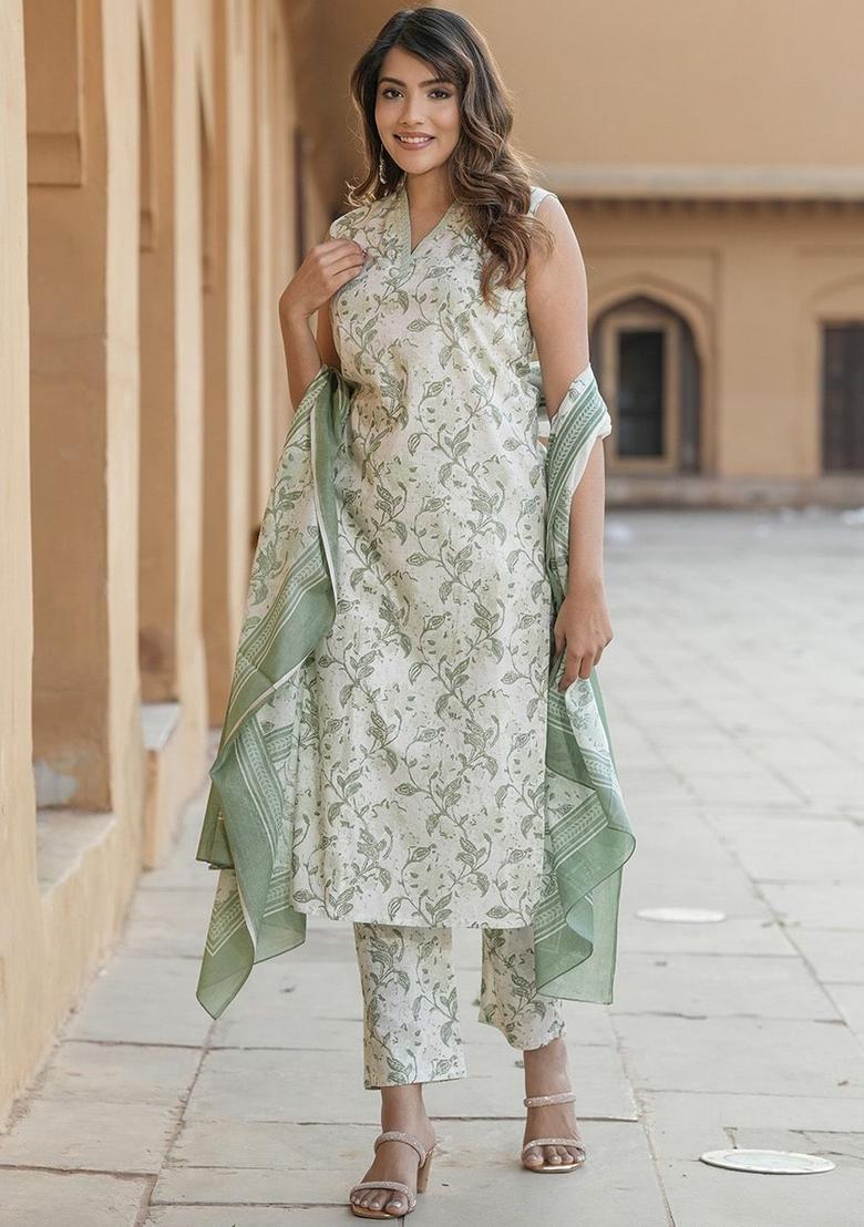 Green Printed Cotton Kurta Set - Indya