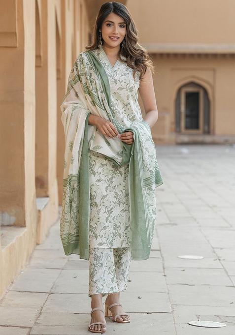 Green Printed Cotton Kurta Set — view on Indya