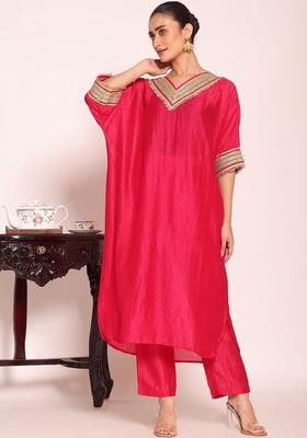 Red Solid Silk Blend Kurta Set