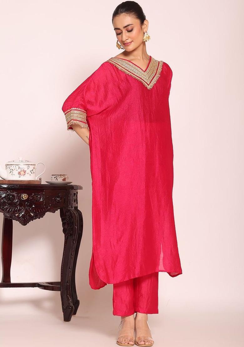 Red Solid Silk Kurta Set - Indya