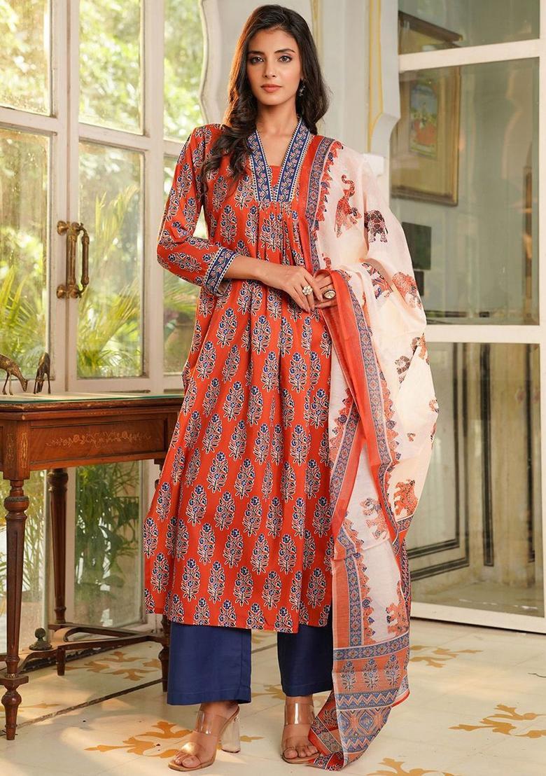Orange Printed Viscose Kurta Set - Indya
