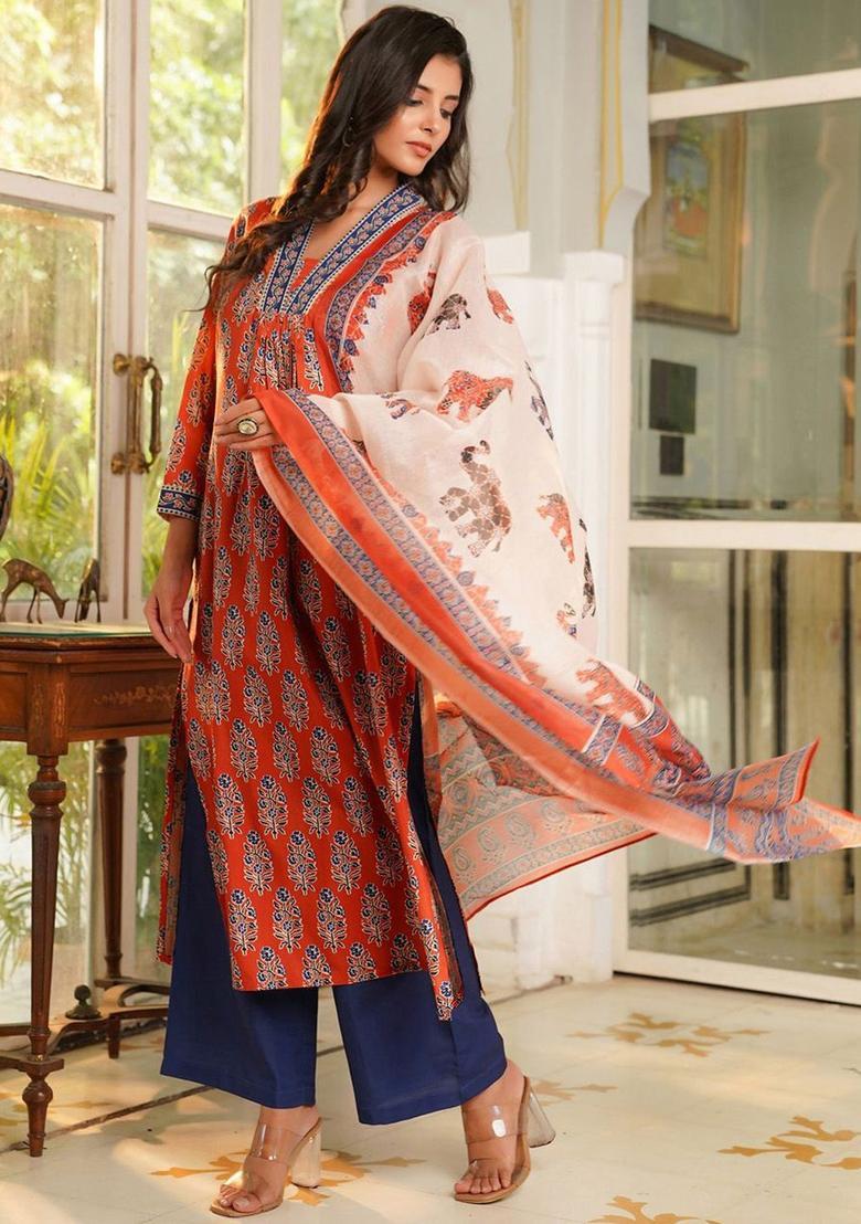 Orange Printed Viscose Kurta Set - Indya