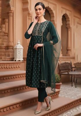 Green Printed Silk Kurta Set