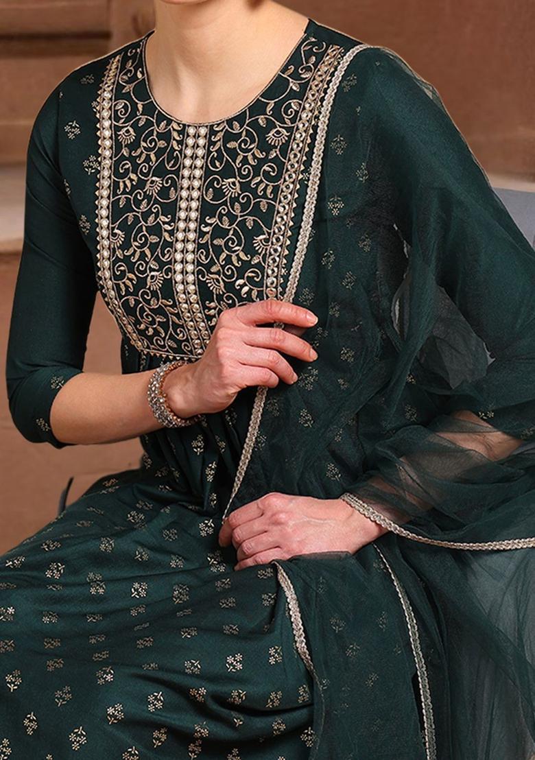 Green Printed Silk Kurta Set - Indya