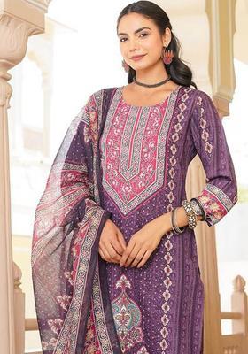 Purple Printed Polyester Kurta Set