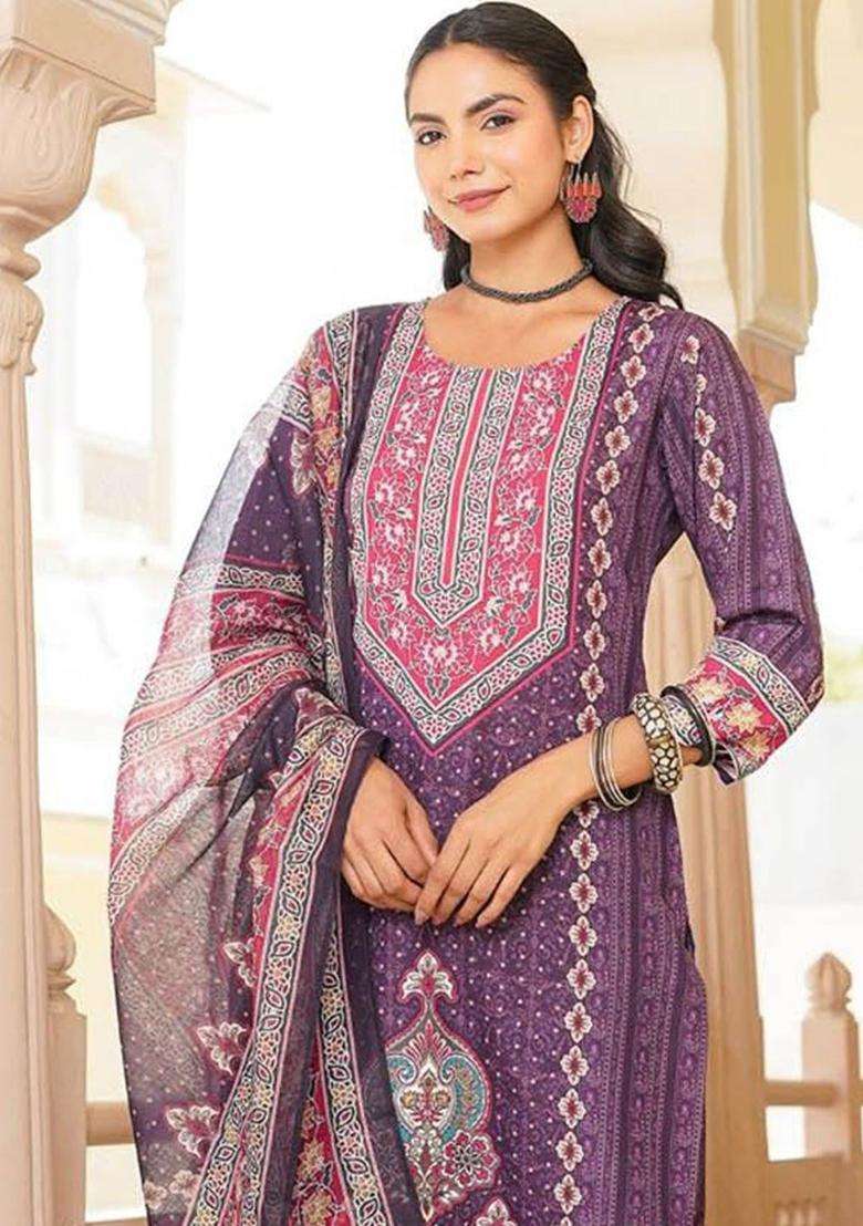 Purple Printed Polyester Kurta Set - Indya