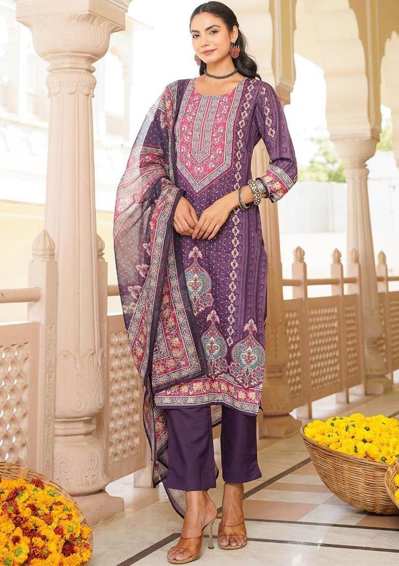 Purple Printed Polyester Kurta Set - Indya