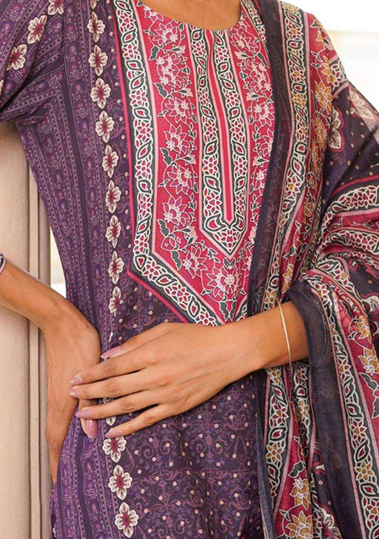 Purple Printed Polyester Kurta Set - Indya