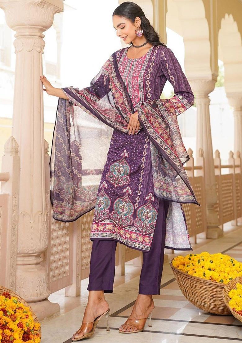 Purple Printed Polyester Kurta Set - Indya