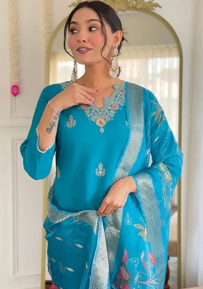 Blue Self Design Silk Kurta Set - Indya