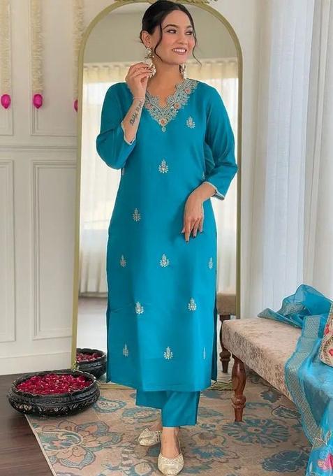 Blue Self Design Silk Kurta Set — view on Indya