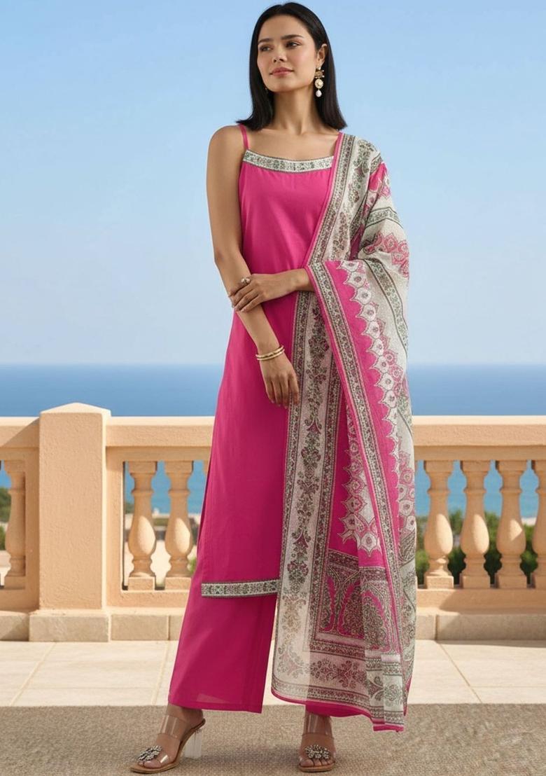 Pink Solid Silk Kurta Set - Indya