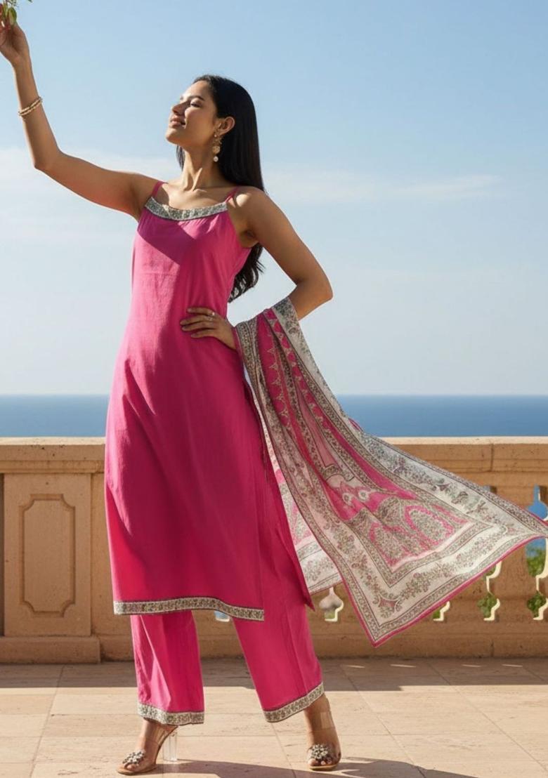 Pink Solid Silk Kurta Set - Indya