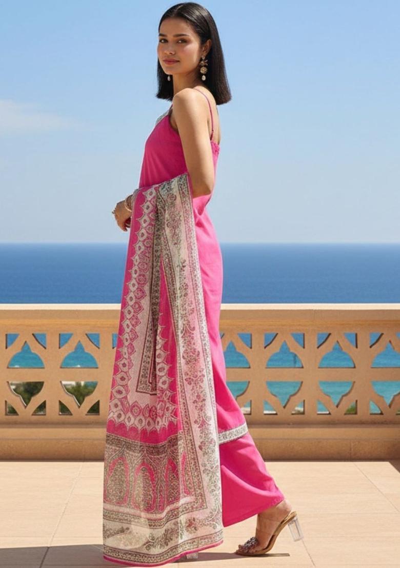 Pink Solid Silk Kurta Set - Indya