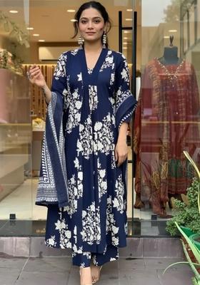 Blue Printed Viscose Kurta Set