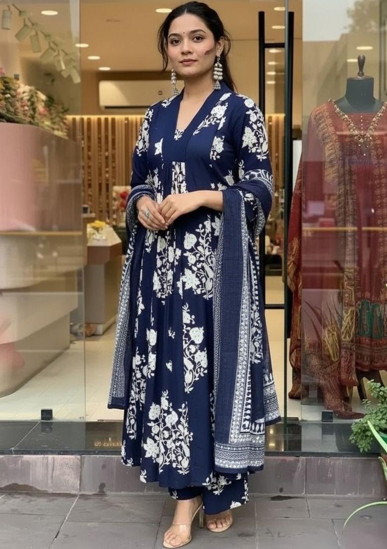 Blue Printed Viscose Kurta Set - Indya