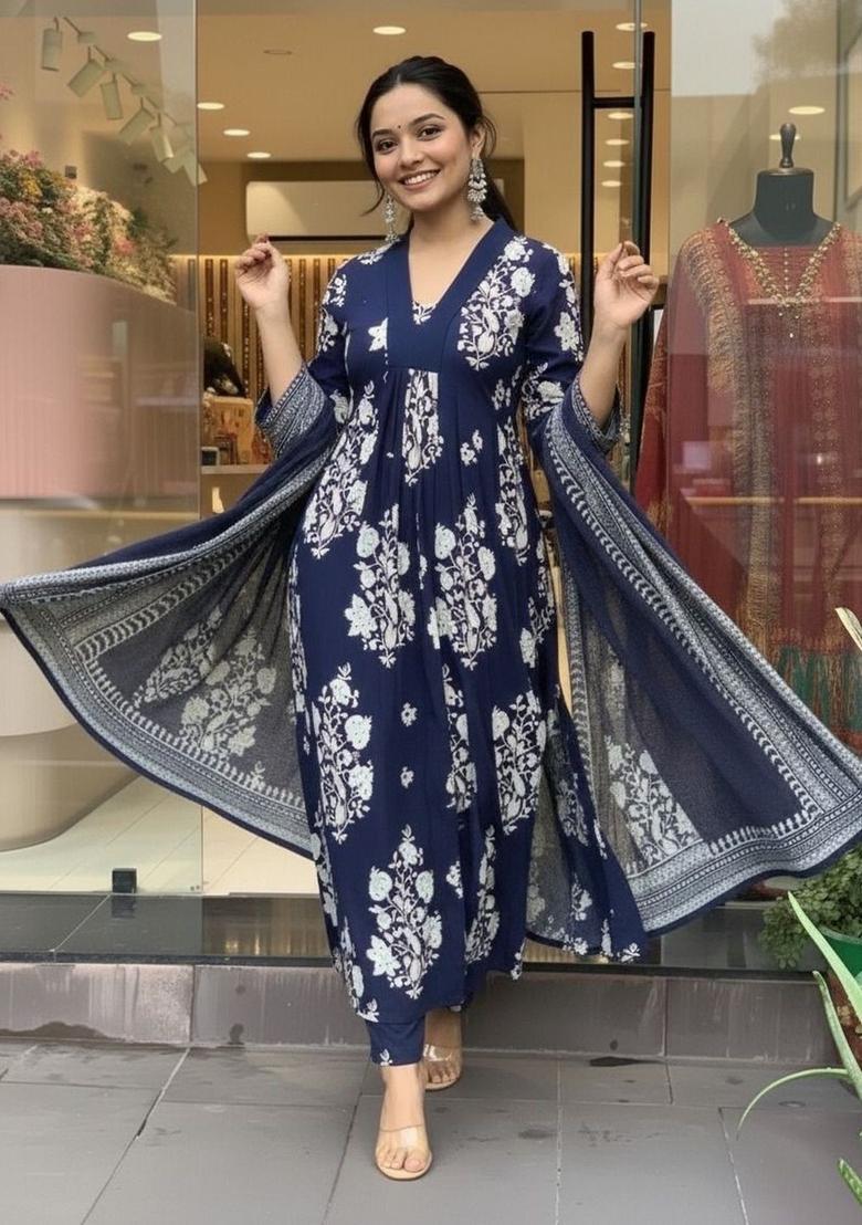 Blue Printed Viscose Kurta Set - Indya