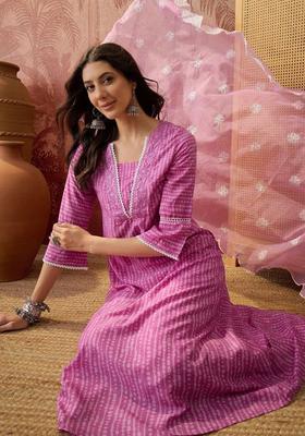 Pink Printed Silk Kurta Set