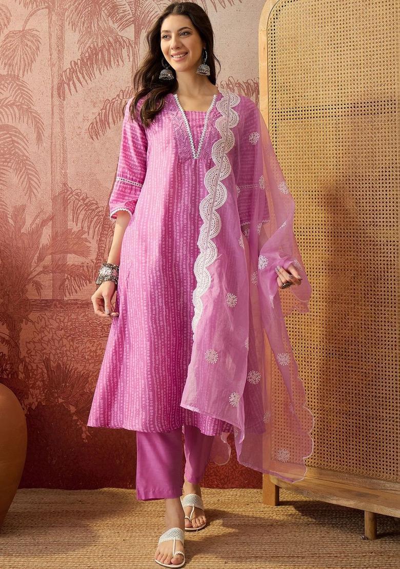 Pink Printed Silk Kurta Set - Indya