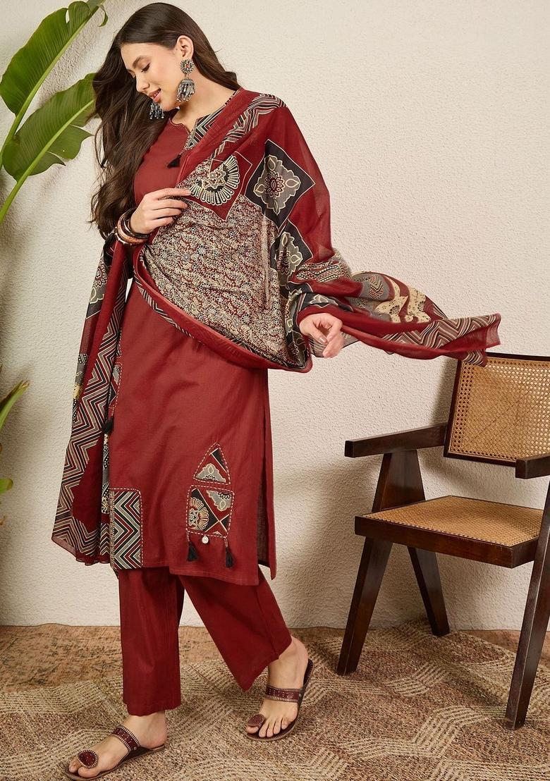 Maroon Solid Cotton Kurta Set - Indya