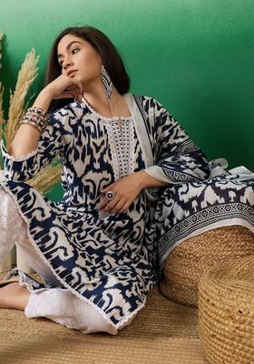 Navy Blue Printed Cotton Kurta Set