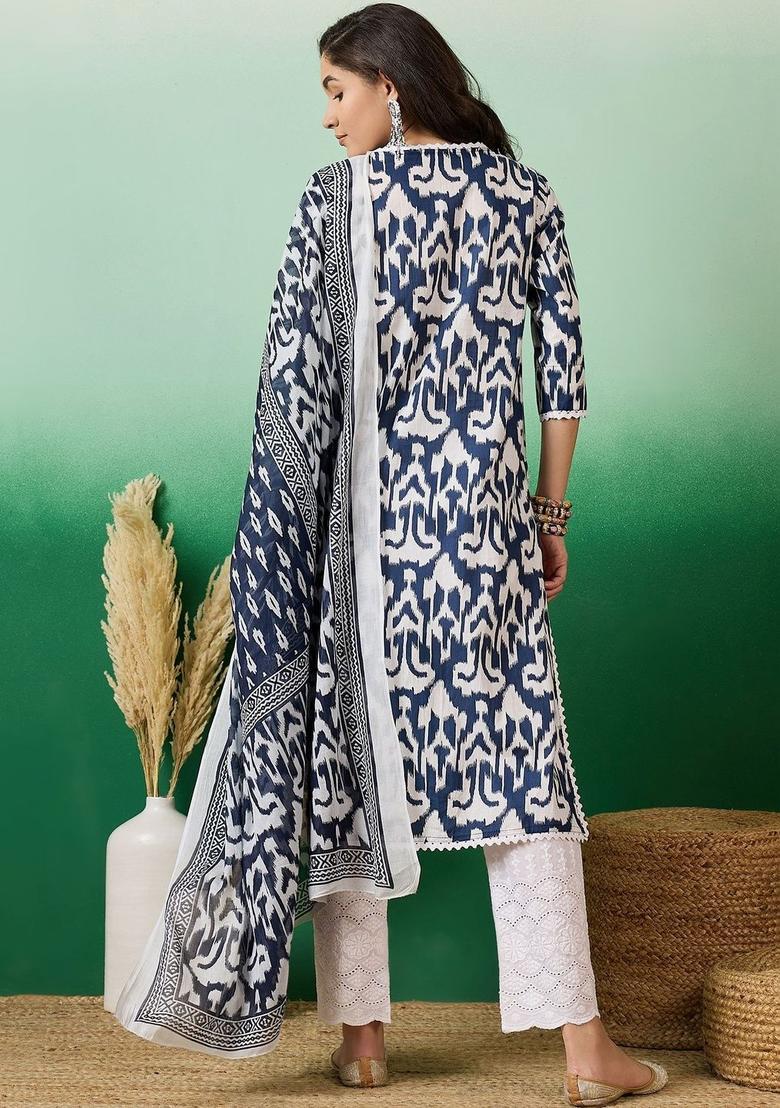 Navy Blue Printed Cotton Kurta Set - Indya